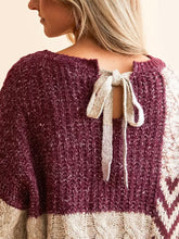 Load image into Gallery viewer, Wine Multi Color Block Chevron Cable Sweater with Keyhole Back Tie