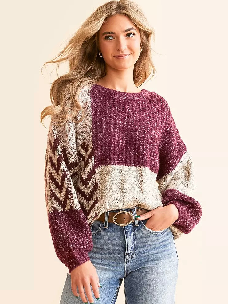 Wine Multi Color Block Chevron Cable Sweater with Keyhole