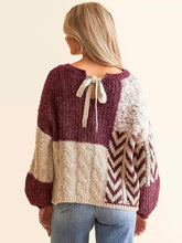 Load image into Gallery viewer, Wine Multi Color Block Chevron Cable Sweater with Keyhole Back Tie
