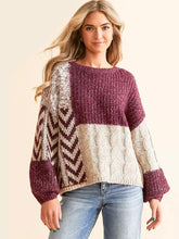 Load image into Gallery viewer, Wine Multi Color Block Chevron Cable Sweater with Keyhole Back Tie
