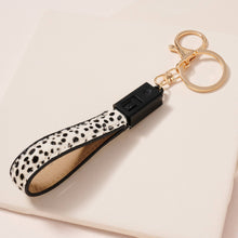Load image into Gallery viewer, Animal Print Calf Hair iPhone USB Cable Key Chain (Brown or White)