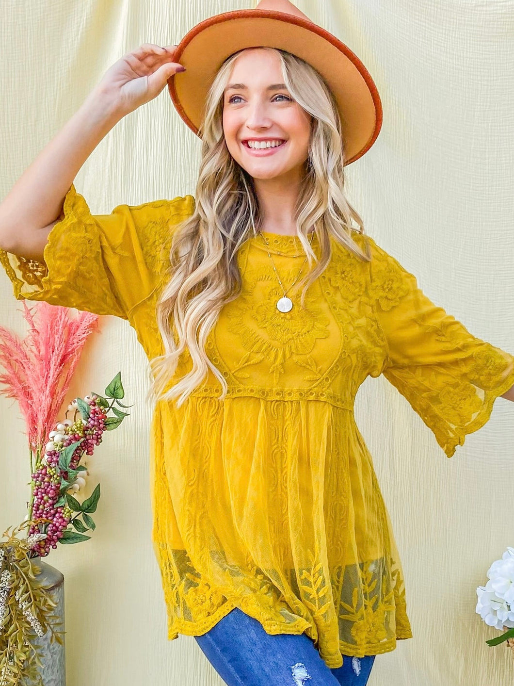 Floral Embroidered Mesh Tunic Top with Lining (2 color options)